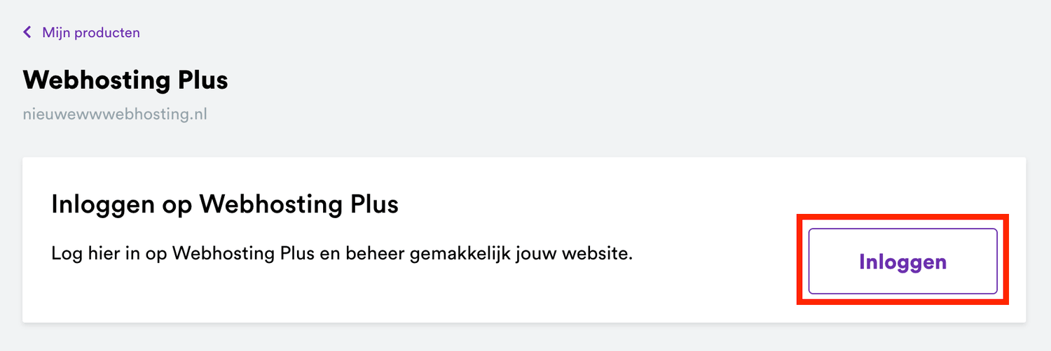 Schermafbeelding van mijndomein.nl › Mijn Account › Webhosting. Stap 4. Klik op Inloggen . Je komt nu in Plesk terecht