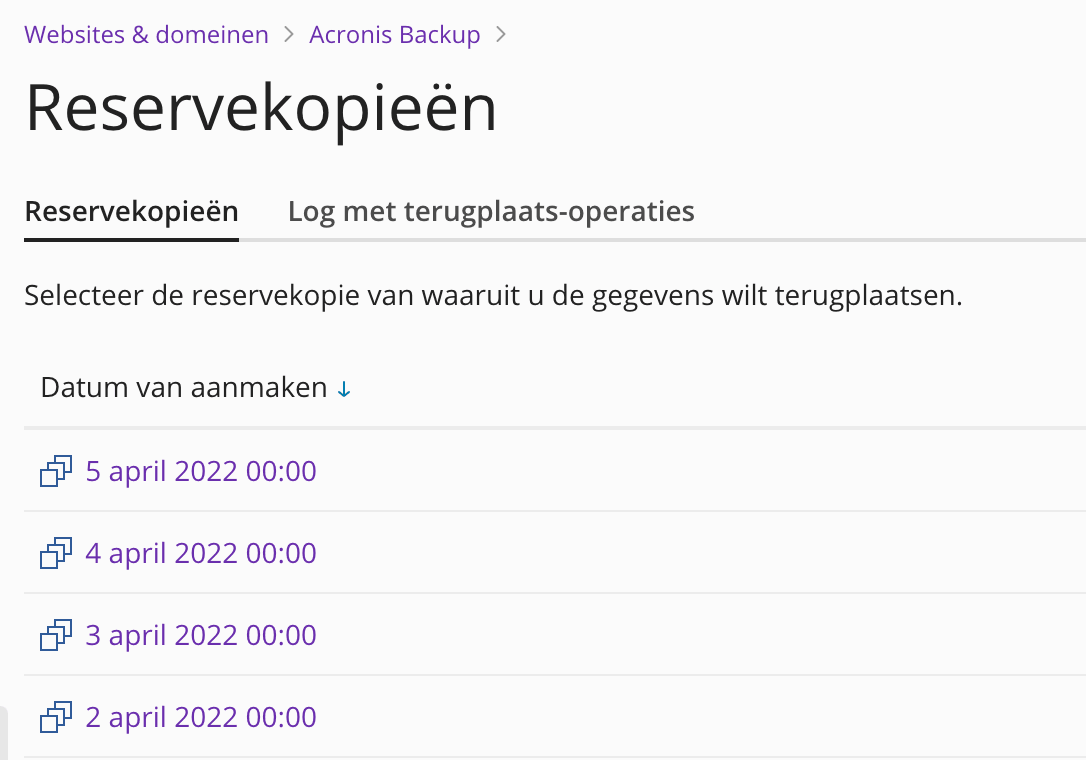 Schermafbeelding van Plesk › Acronis Backup. Het overzicht met reservekopieën. Elke regel is een herstelpunt