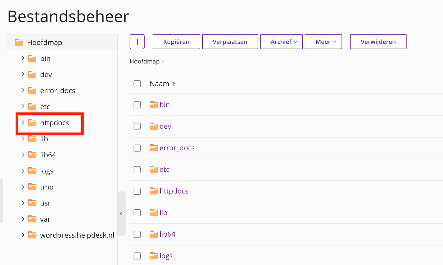 Schermafbeelding van Plesk › Bestanden. Bestandsbeheer. De map httpdocs is rood omkaderd