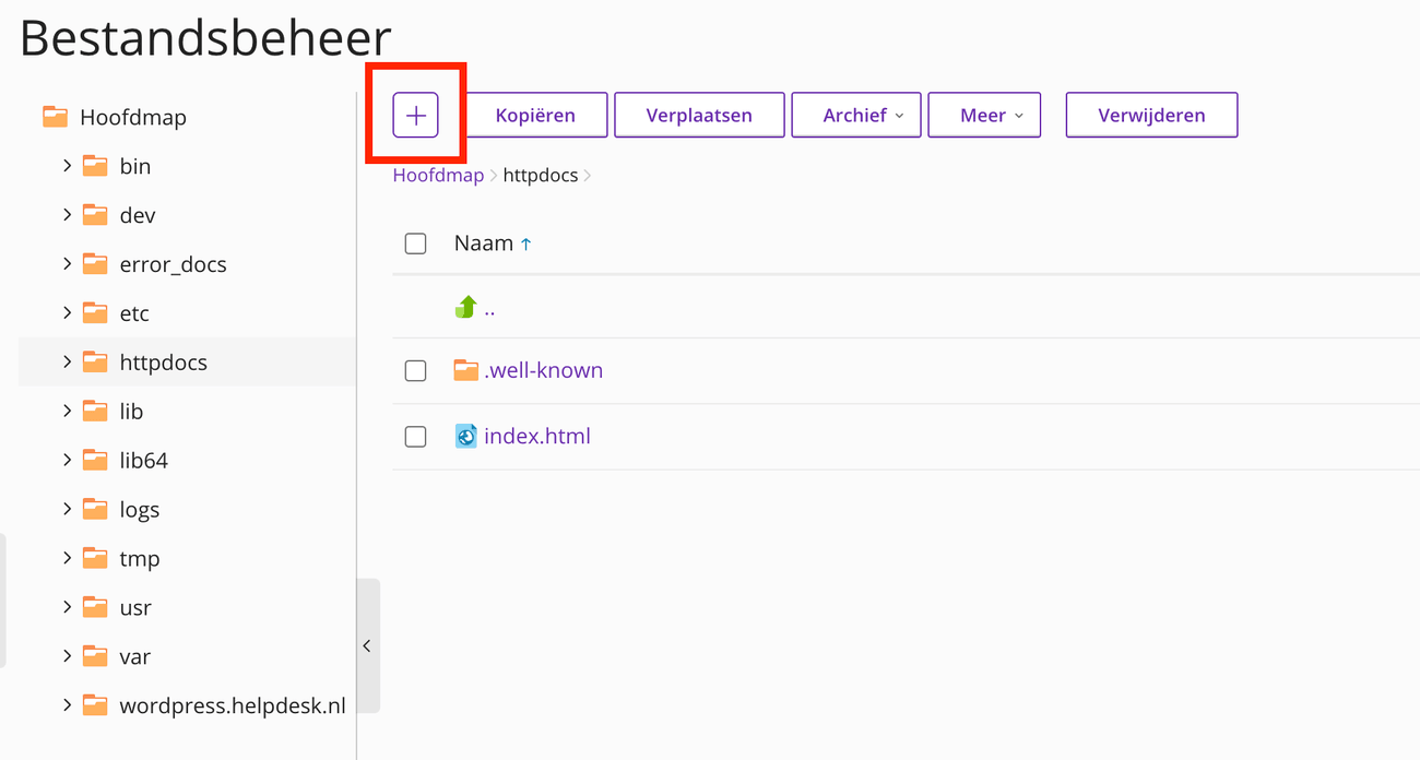 Schermafbeelding van Plesk › Bestanden › httpdocs. De map httpdocs in Bestandsbeheer, met bovenaan het plusteken en de knop Verplaatsen