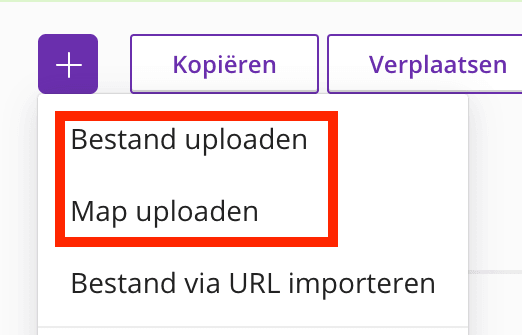 Schermafbeelding van Plesk › Bestanden › httpdocs. Het plusteken opent dit menu