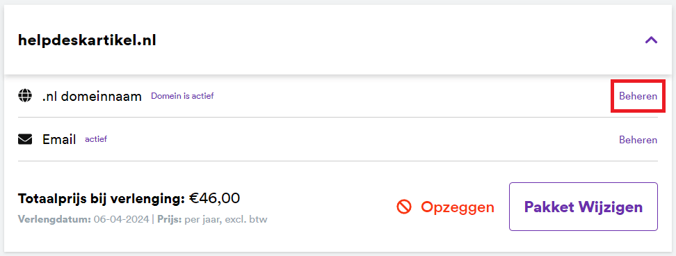 Schermafbeelding van mijndomein.nl › Mijn Account. Klik op Beheren achter de regel met je domeinnaam, niet die achter Email of Webhosting