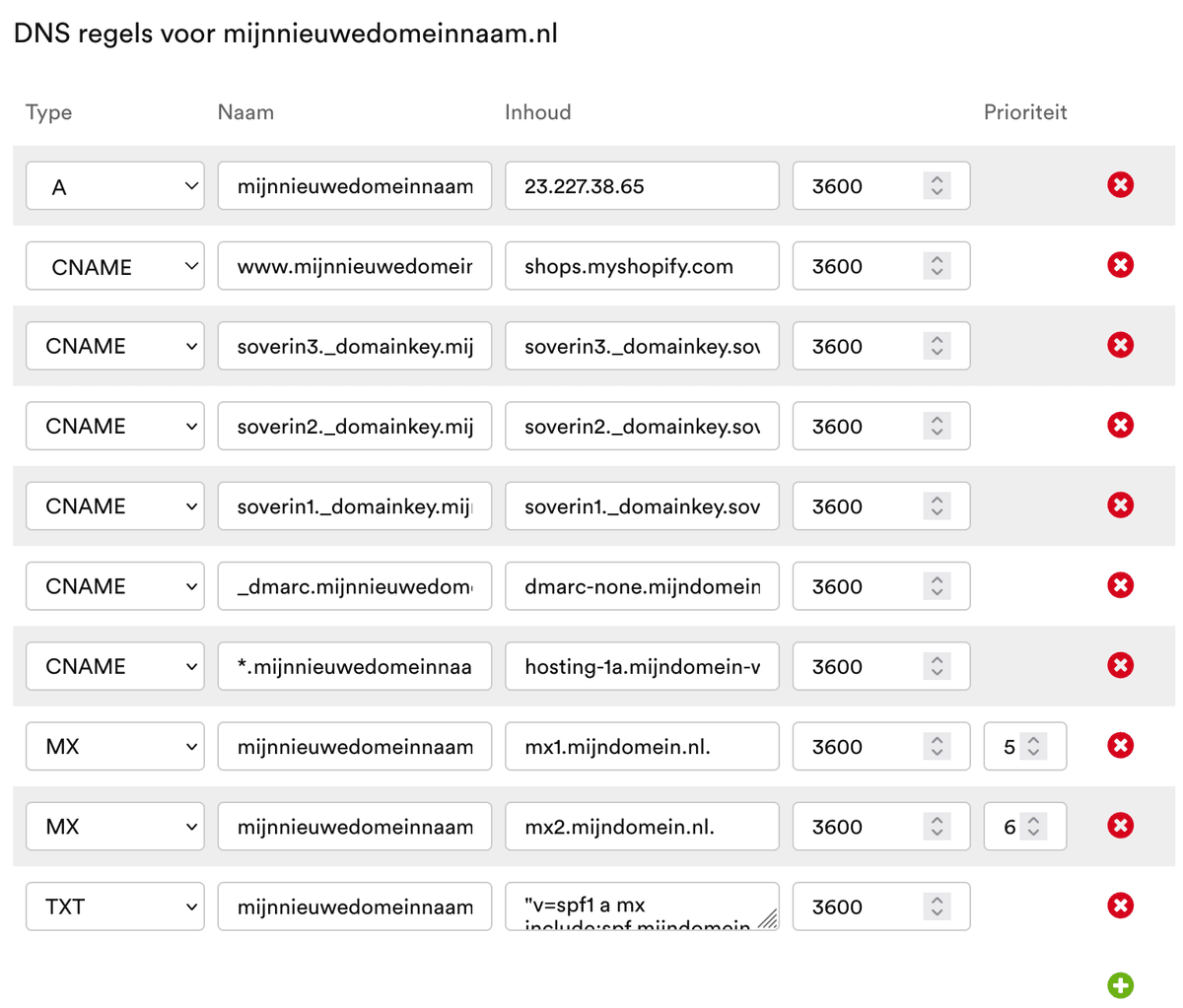 Schermafbeelding van Mijn Account › pijltje naast je domeinnaam › Beheren naast Domeinnaam › DNS instellen