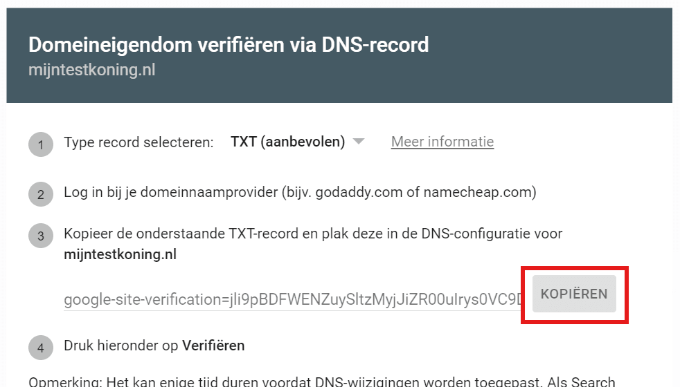 Schermafbeelding: Google Search Console toont het TXT-record dat je moet toevoegen