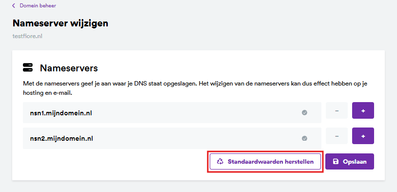 Schermafbeelding: De knop Standaardwaarden herstellen