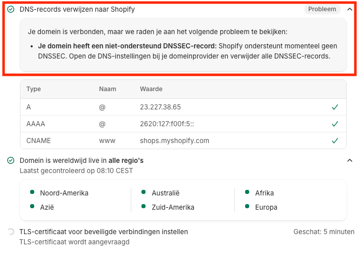Schermafbeelding van Shopify › Domeinen. Deze melding in Shopify betekent dat DNSSEC nog aanstaat