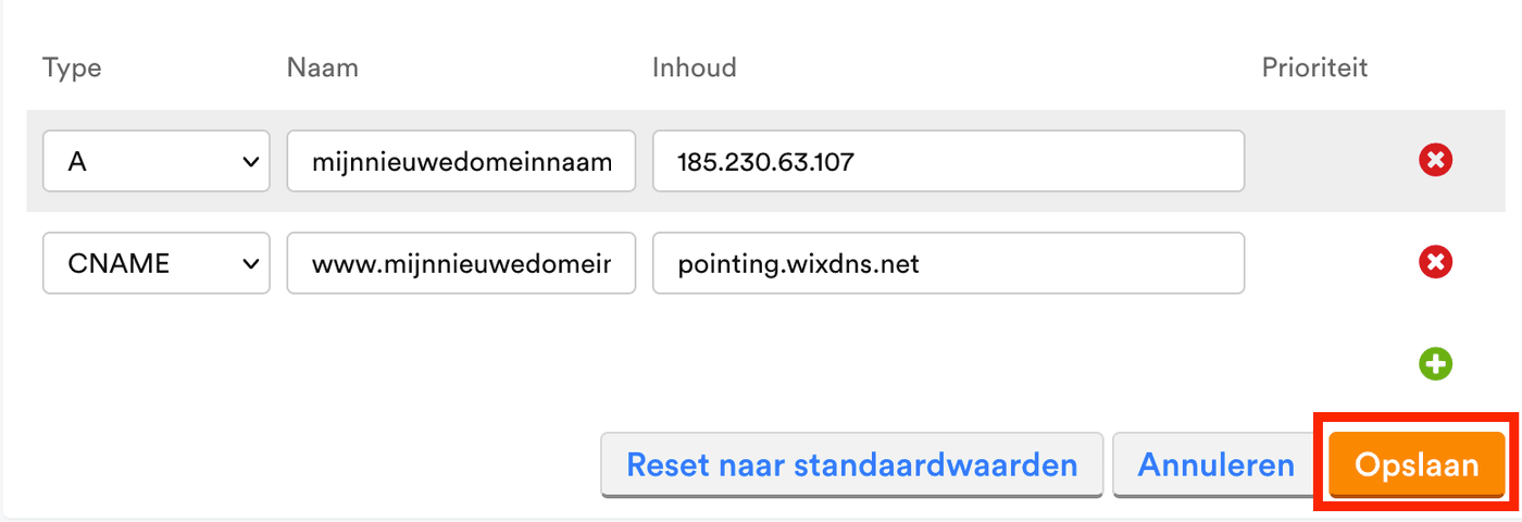 Schermafbeelding: De twee records ingevuld in de DNS-tabel, met rechtsonder Opslaan