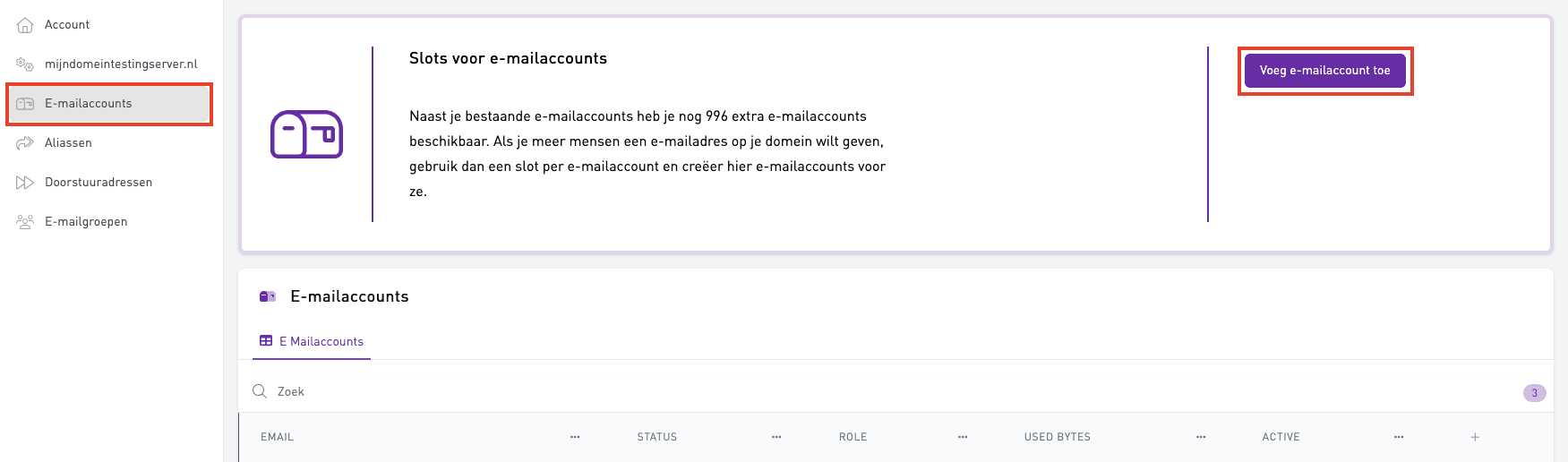 Schermafbeelding van E-mailbeheerpagina › E-mailaccounts