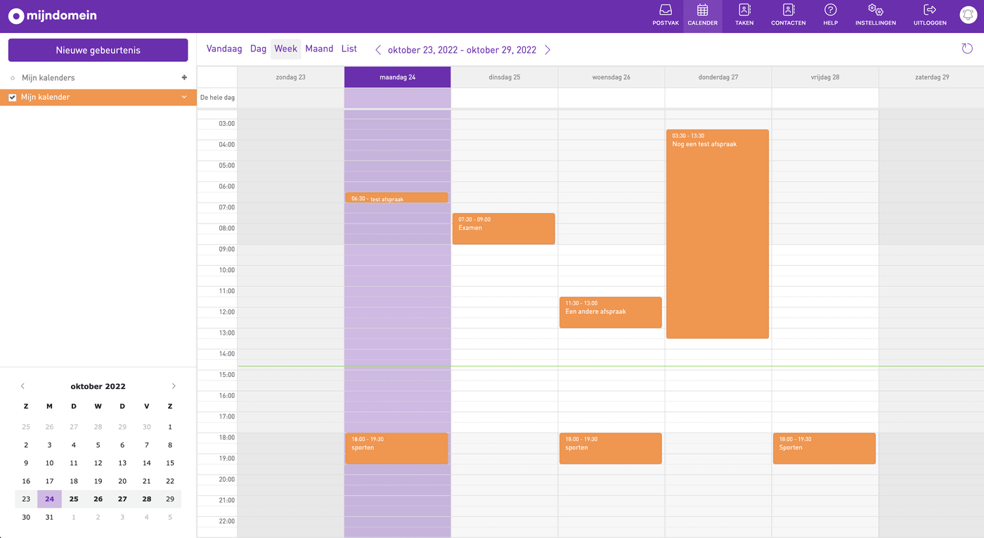 Schermafbeelding van email.mijndomein.nl › Kalender. De agenda in de webmail. Met Nieuwe gebeurtenis maak je een afspraak