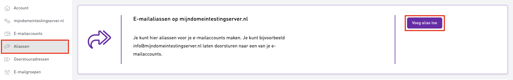 Schermafbeelding van E-mailbeheer › Aliassen › Voeg alias toe. Klik links op Aliassen en dan op Voeg alias toe