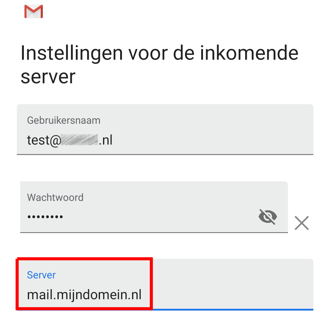 Schermafbeelding van Gmail › profielicoon rechtsboven › Nog een account toevoegen › Overig. Vul de server in