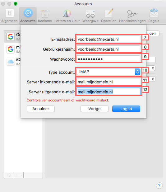 Schermafbeelding van Mail › Voorkeuren › Accounts › + › Andere Mail-account. Vul bij beide servers mail.mijndomein.nl in