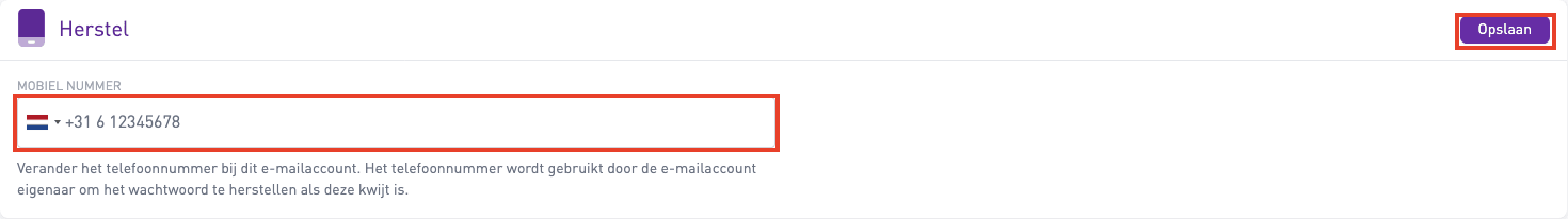 Schermafbeelding van E-mailbeheerpagina › E-mailaccounts. Het blok Herstel . Links het mobiele nummer, rechts de knop Opslaan