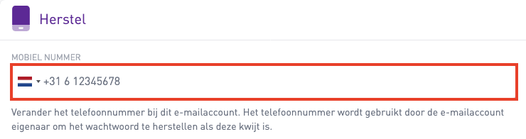Schermafbeelding van Mijn Account › Beheren naast Email › E-mailaccounts › klik op het e-mailadres. Het blok Herstel : je mobiele nummer