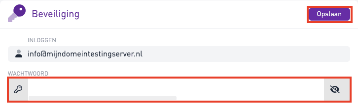 Schermafbeelding van Mijn Account › Beheren naast Email › E-mailaccounts › klik op het e-mailadres. Het blok Beveiliging : nieuw wachtwoord en Opslaan