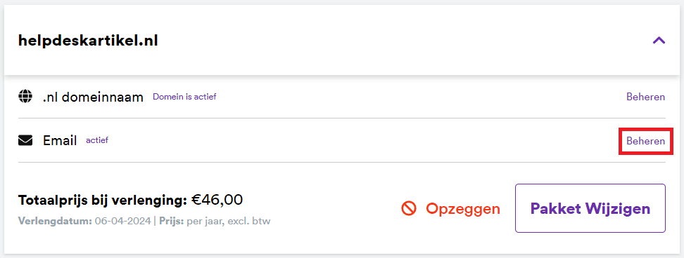 Schermafbeelding van mijndomein.nl › Mijn Account. Stap 2 en 3. Klap je domeinnaam open en klik op Beheren naast Email