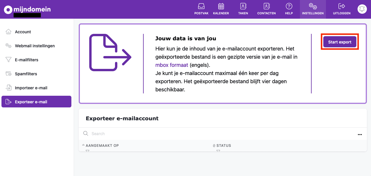 Schermafbeelding van Webmail › Instellingen › Exporteer e-mail › Start export. De knop Start export