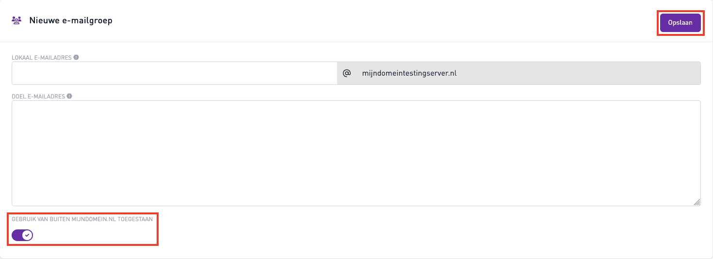 Schermafbeelding van E-mailbeheer › E-mailgroepen › Creëer e-mailgroep. Het formulier Nieuwe e-mailgroep . Klik rechtsboven op Opslaan