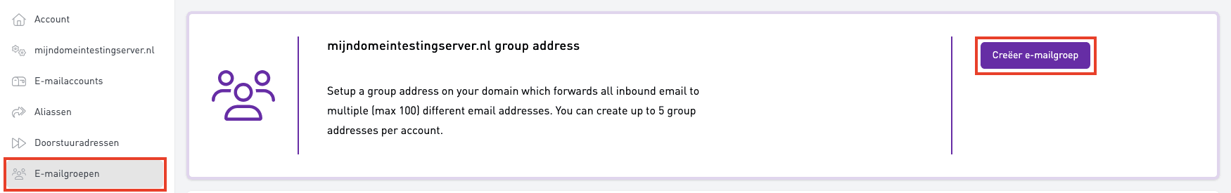 Schermafbeelding van E-mailbeheer › E-mailgroepen › Creëer e-mailgroep. Klik links op E-mailgroepen en dan op Creëer e-mailgroep