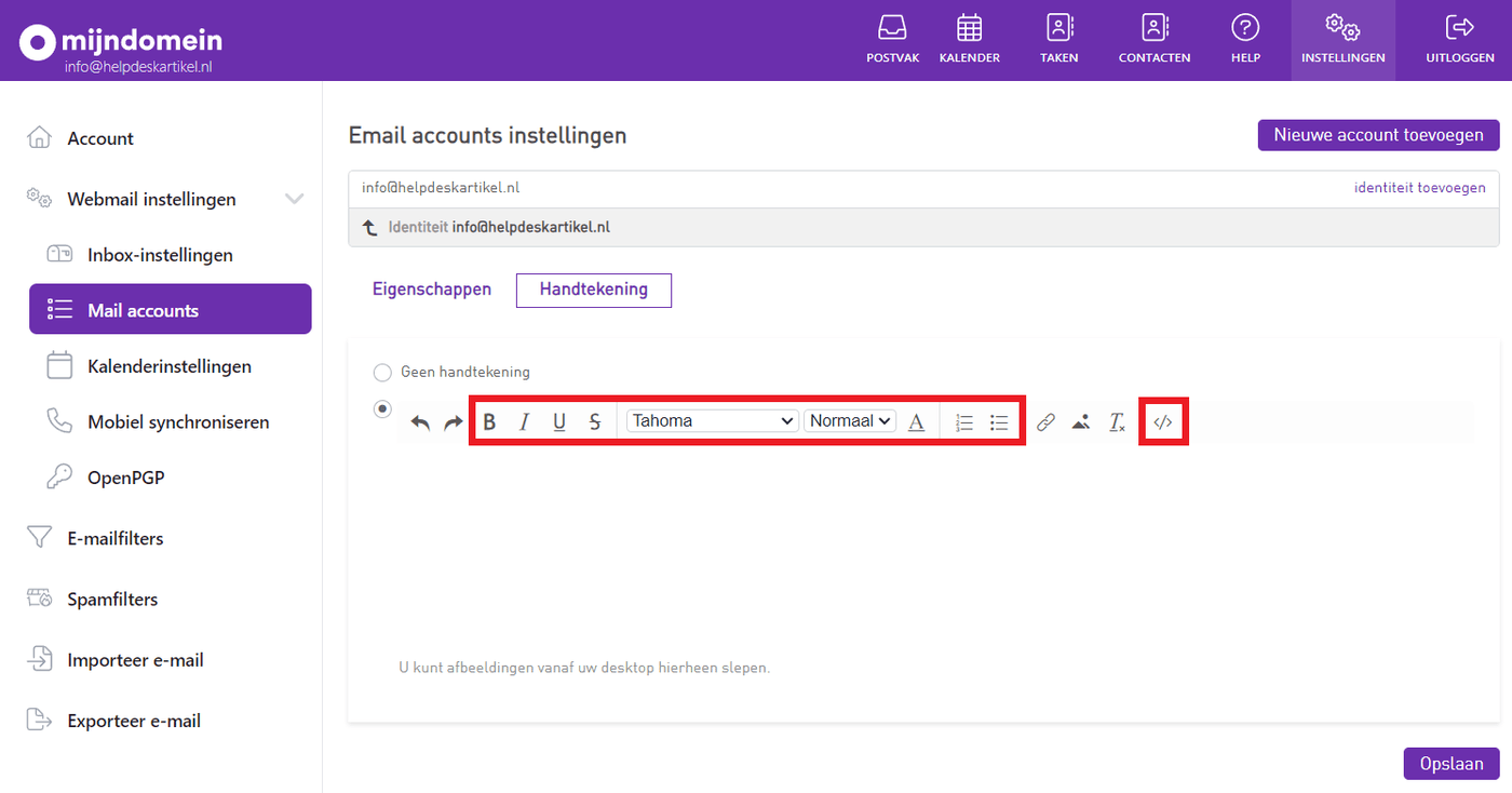 Schermafbeelding van Webmail › Instellingen › Mail accounts › Handtekening. Het tabblad Handtekening . In de editor maak je de tekst op