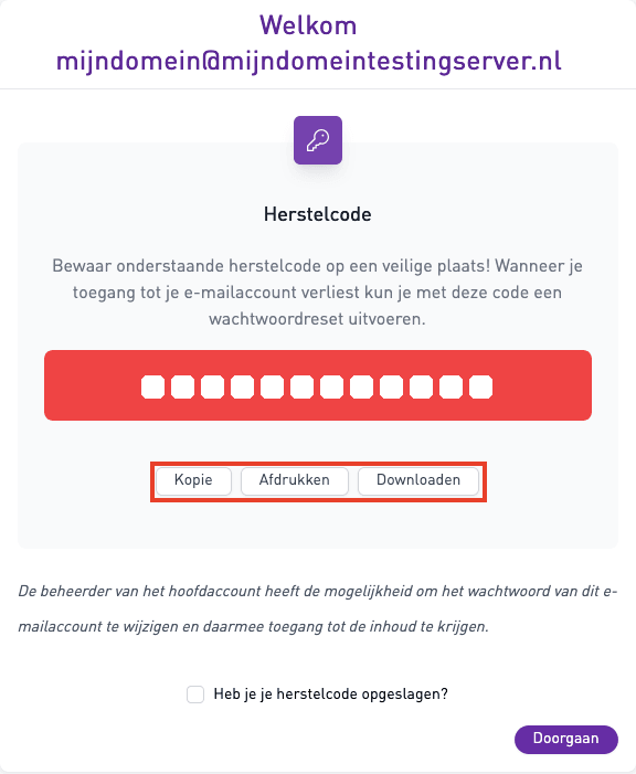Schermafbeelding: Dit scherm zie je de eerste keer dat je inlogt. De code is hier onleesbaar gemaakt