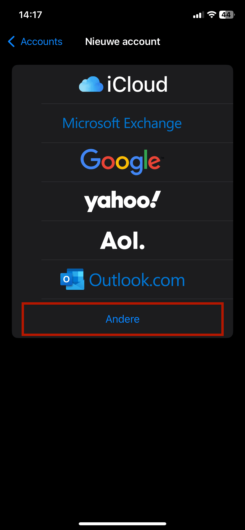 Schermafbeelding van Instellingen › Apps › Mail › Mail-accounts › Nieuwe account › Andere. Kies Andere