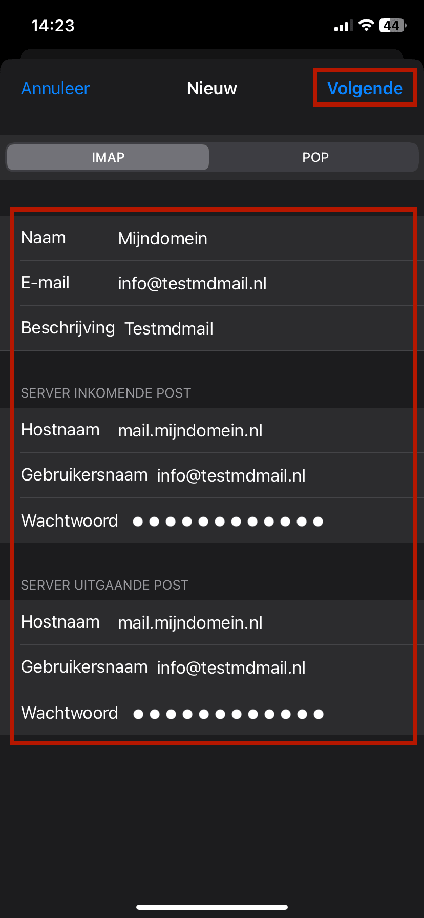 Schermafbeelding van Instellingen › Apps › Mail › Mail-accounts › Nieuwe account › Andere. Vul alle velden in
