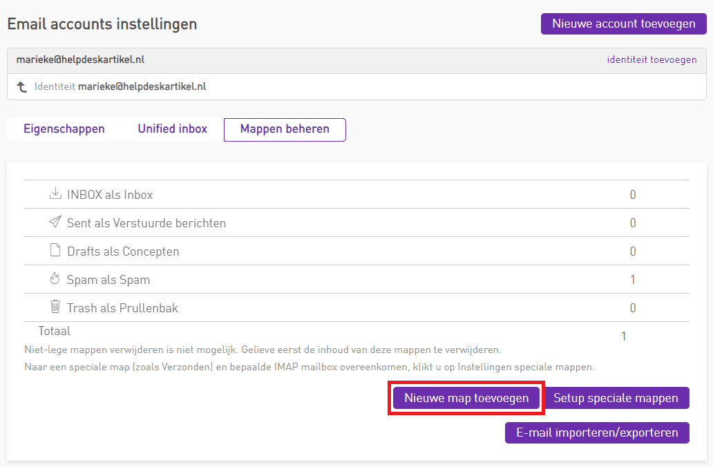 Schermafbeelding van Webmail › Mappen beheren › Nieuwe map toevoegen. De knop Nieuwe map toevoegen