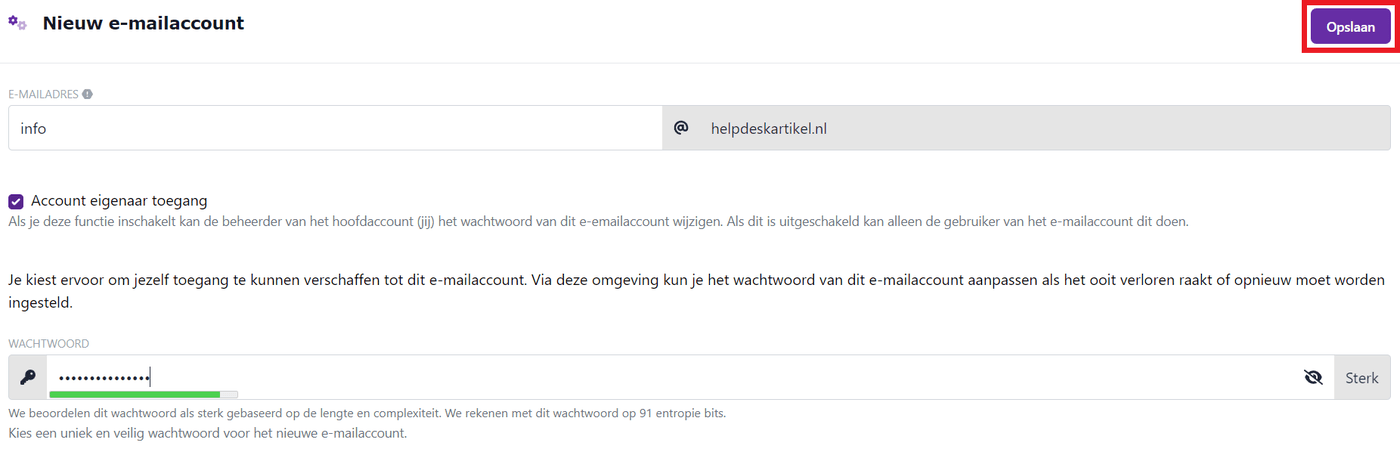 Schermafbeelding van E-mailbeheerpagina › Nieuw e-mailaccount. Het formulier voor een nieuw e-mailadres. Rechtsboven staat Opslaan
