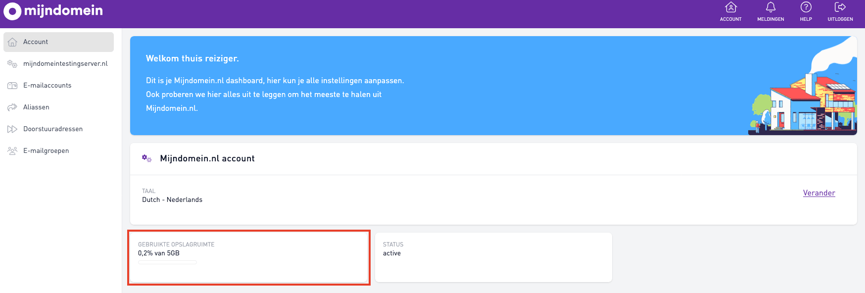 Schermafbeelding van Mijn Account › Beheren naast Email › Account. Links kies je Account . Onderaan staat hoeveel van de 5 GB je gebruikt