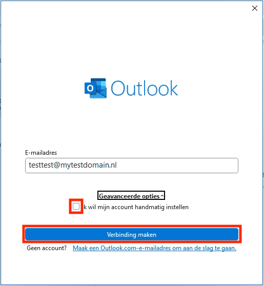 Schermafbeelding van Outlook › Bestand › Info › Account toevoegen. Kies voor handmatig instellen