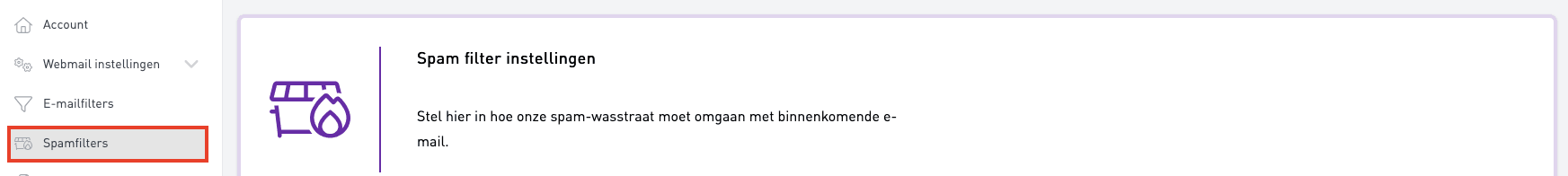 Schermafbeelding van email.mijndomein.nl › Instellingen › Spamfilters. Spamfilters staat in het menu links, onder Instellingen