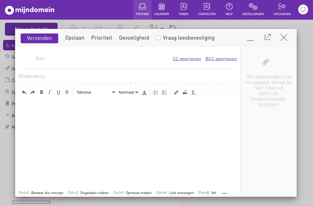 Schermafbeelding van Webmail › Nieuw bericht. Het venster voor een nieuw bericht
