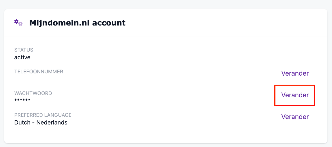Schermafbeelding van Webmail › Instellingen › Wachtwoord › Verander. Klik naast Wachtwoord op Verander