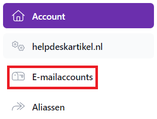 Schermafbeelding van Mijn Account › Mijn producten › pijltje naast je domeinnaam › Beheren naast E-mail. Kies daarna E-mailaccounts