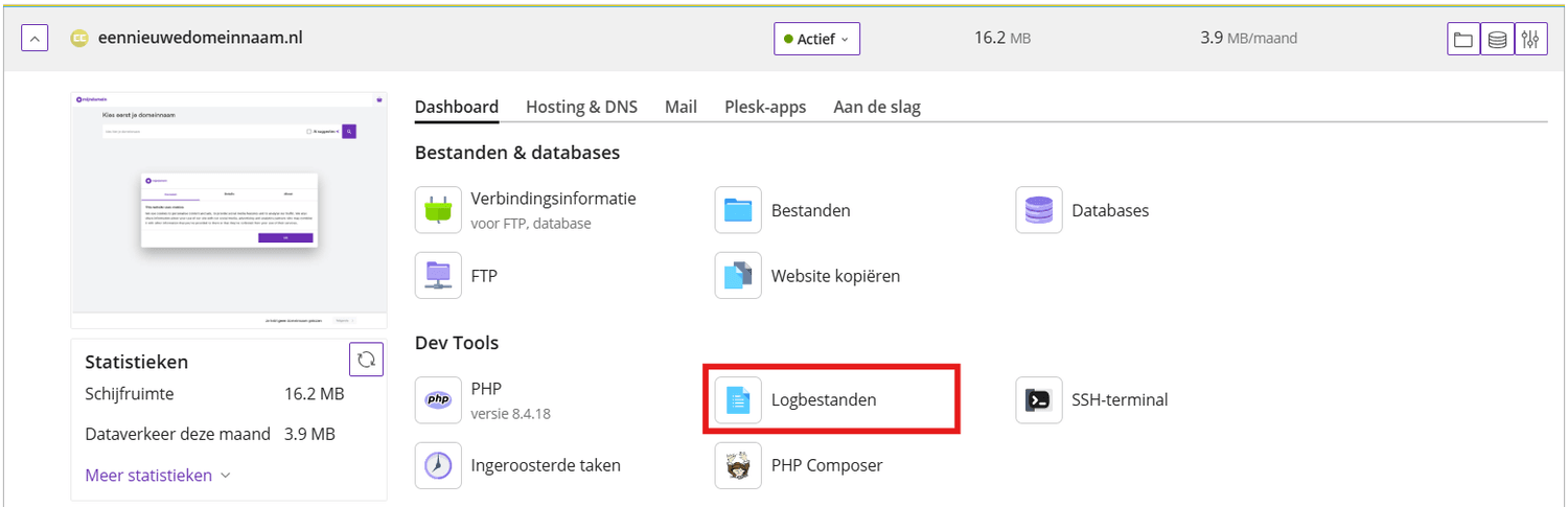 Schermafbeelding van Plesk › Dashboard. Logbestanden staat op het dashboard in de groep Dev Tools