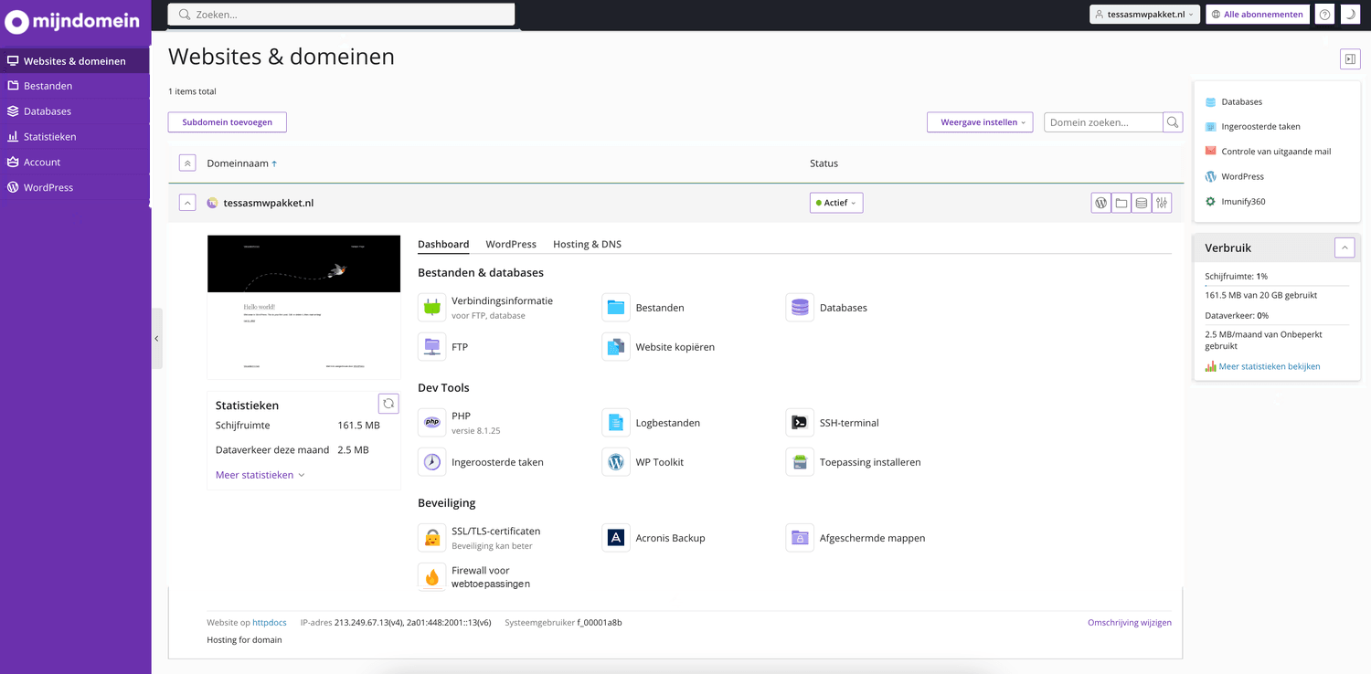 Het dashboard van Plesk