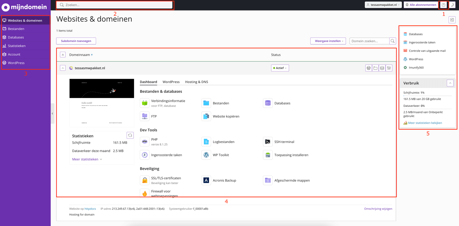 Schermafbeelding van Plesk › Websites & domeinen. Het startscherm van Plesk. De rode cijfers komen terug in de uitleg hieronder