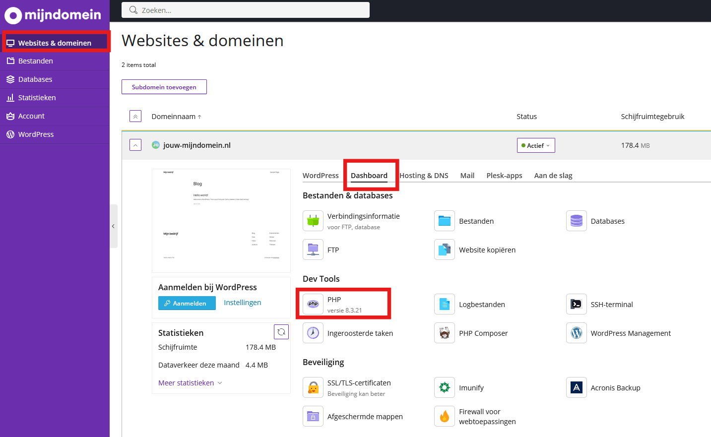 Schermafbeelding van Plesk › Websites & domeinen › Dashboard