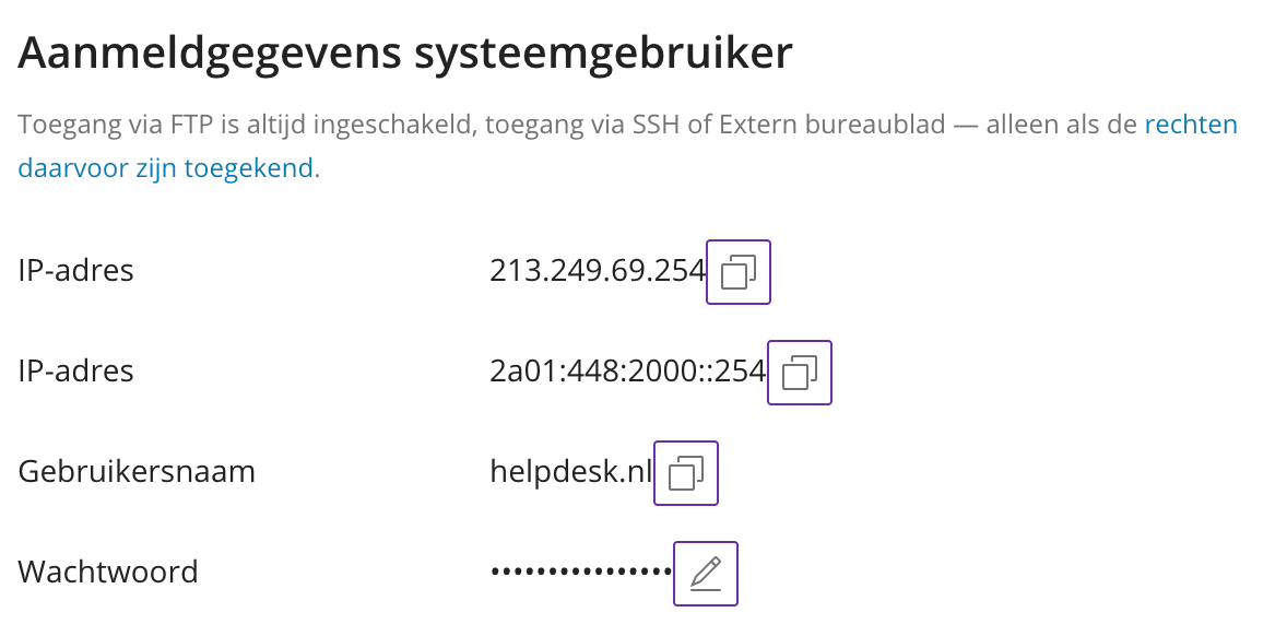Schermafbeelding van Plesk › Verbindingsinformatie. Je gegevens staan onder Aanmeldgegevens systeemgebruiker