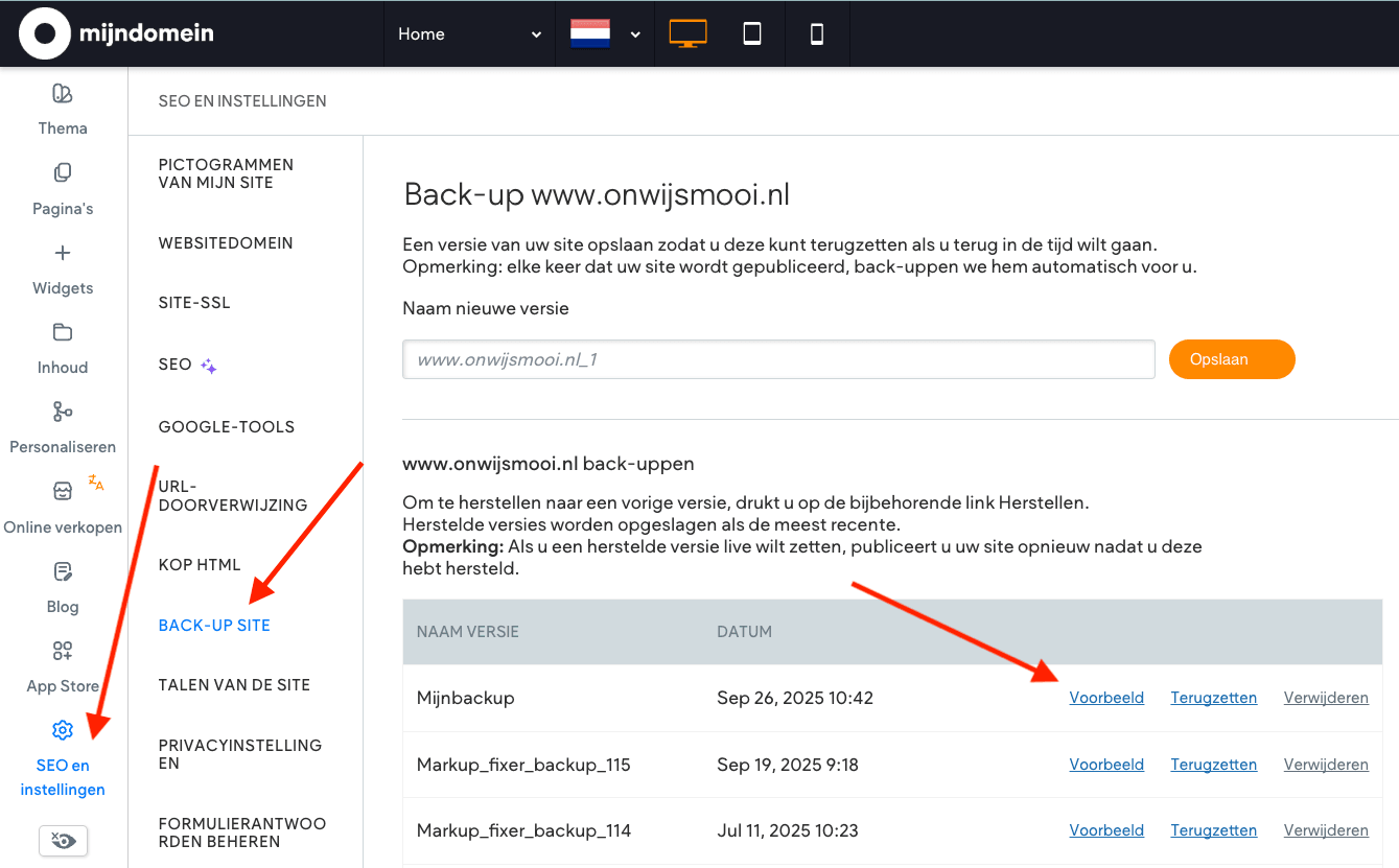 Het scherm Back-up site met bovenaan een veld voor de naam van een nieuwe back-up en daaronder de lijst met eerdere back-ups.