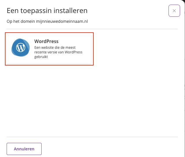 Schermafbeelding van Plesk › Websites & domeinen › Dashboard › Dev Tools › Website bouwen. Kies WordPress