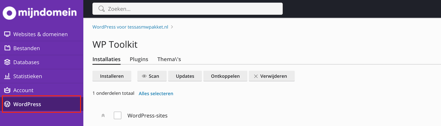 Schermafbeelding van Plesk › WordPress. De WordPress Toolkit in Plesk. Zit bij Webhosting Plus en Managed WordPress