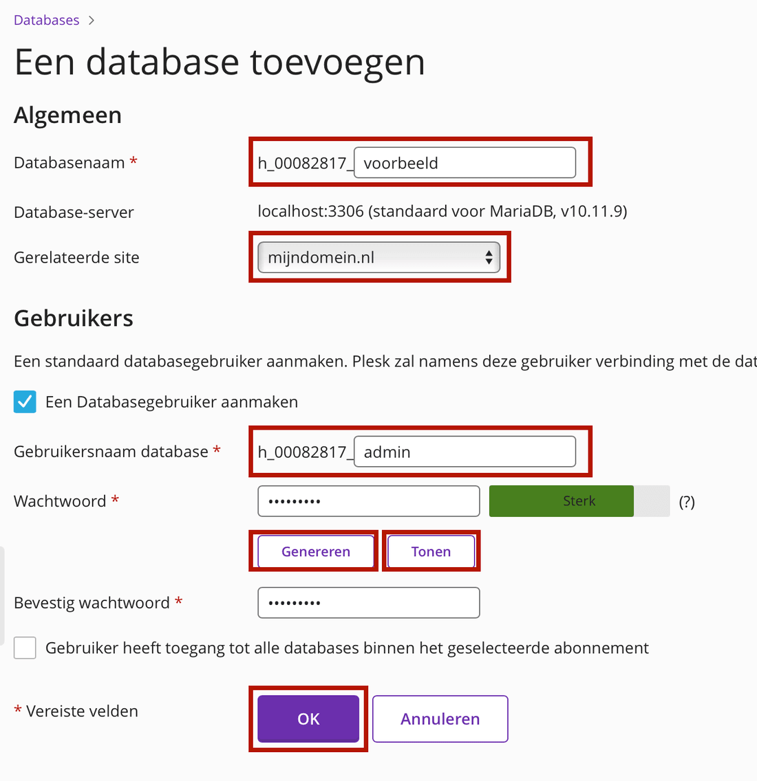 Schermafbeelding van Plesk › Databases. Het formulier Een database toevoegen