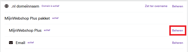 Mijn Account met de pakketten onder een domeinnaam. Achter MijnWebshop staat de knop Beheren, rood omkaderd.