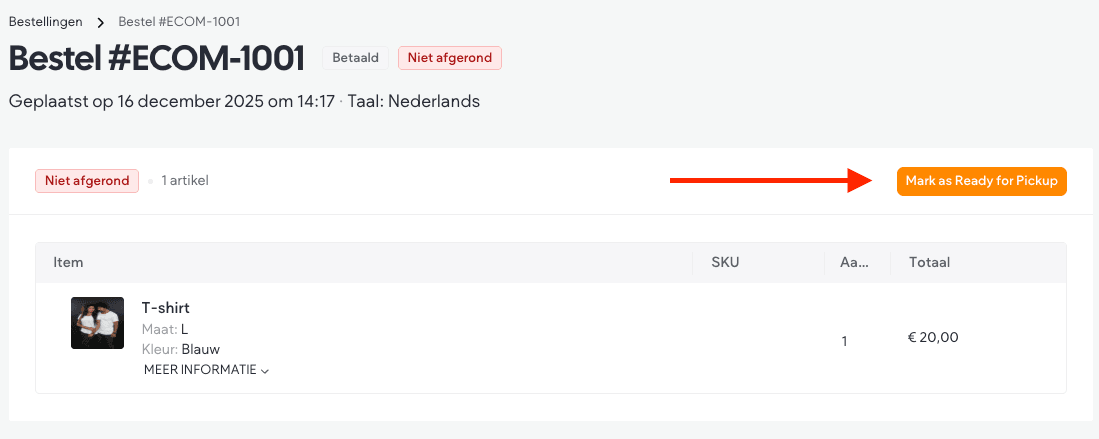 Een bestelling met bovenaan de status Niet afgerond en rechts een oranje knop om de bestelling te markeren als klaar voor afhalen.