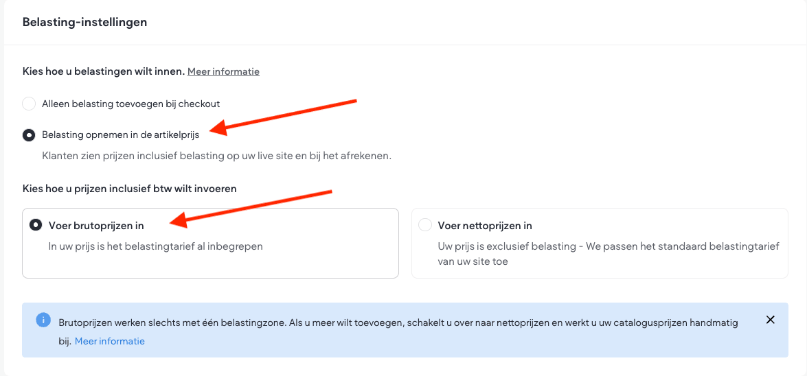 Het blok Belasting-instellingen met de keuze Alleen belasting toevoegen bij checkout of Belasting opnemen in de artikelprijs.