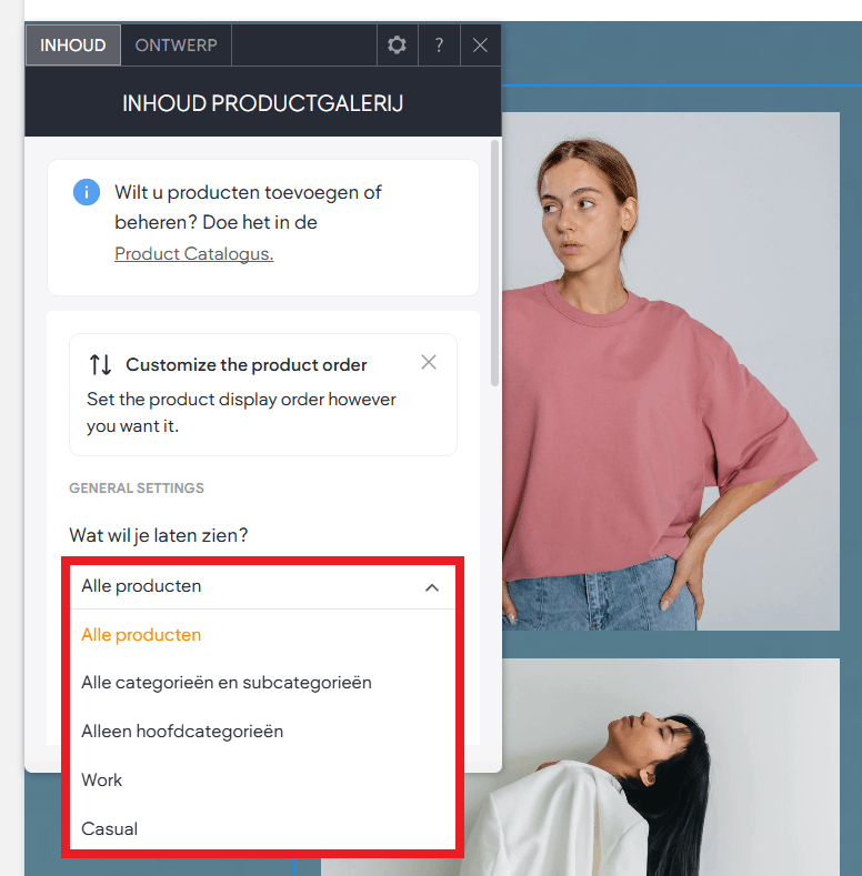 Het instelvenster van de Productgalerij met de keuzelijst Wat wil je laten zien, rood omkaderd.