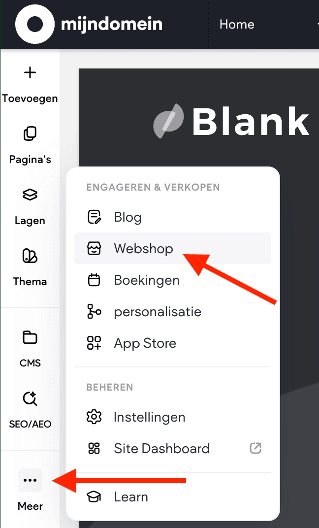 Het menu Meer, linksonder in de editor, met de optie Webshop aangewezen.