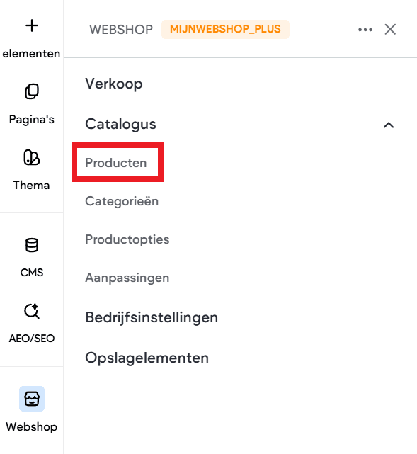 Het menu Webshop met de onderdelen Verkoop, Catalogus met Producten, Categorieën en Productopties, en de instellingen.